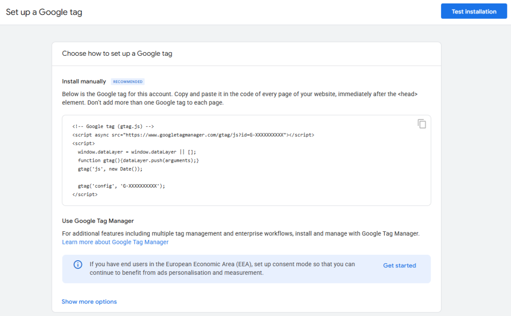 Screenshot of the Google Analytics ‘Set up a Google tag’ page showing instructions for installing the tag manually, including the gtag.js code snippet. Options for using Google Tag Manager and additional consent mode guidance are displayed below, with a ‘Test installation’ button in the top-right corner.