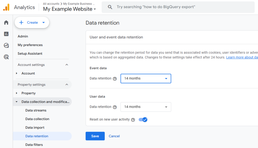 Screenshot of the Google Analytics 4 Data retention settings page. Event data and user data retention are both set to 14 months, with the option to reset retention on new user activity enabled. The Save and Cancel buttons appear at the bottom.
