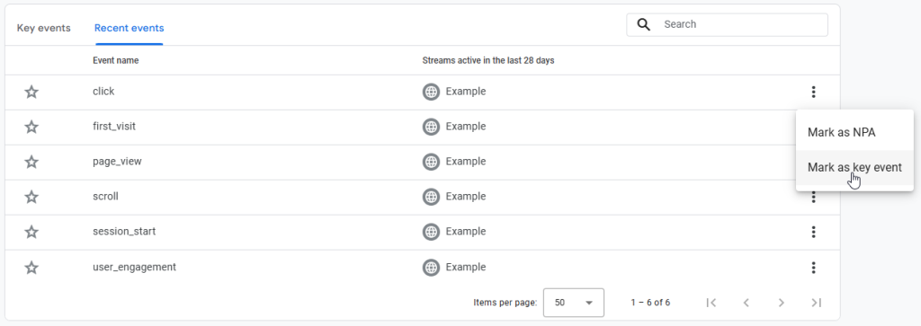 Screenshot of the Google Analytics 4 Events screen showing the Recent events tab with events like click, first_visit, page_view, scroll, session_start and user_engagement. A dropdown menu is open beside an event, displaying options to ‘Mark as NPA’ or ‘Mark as key event’.