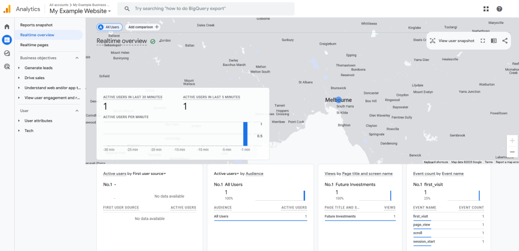 Screenshot of the Google Analytics 4 Realtime overview report showing one active user. The dashboard displays a map centred on Melbourne, user activity over the last 30 minutes, active users by source and audience, page views, and event counts such as first_visit, page_view, scroll and session_start.