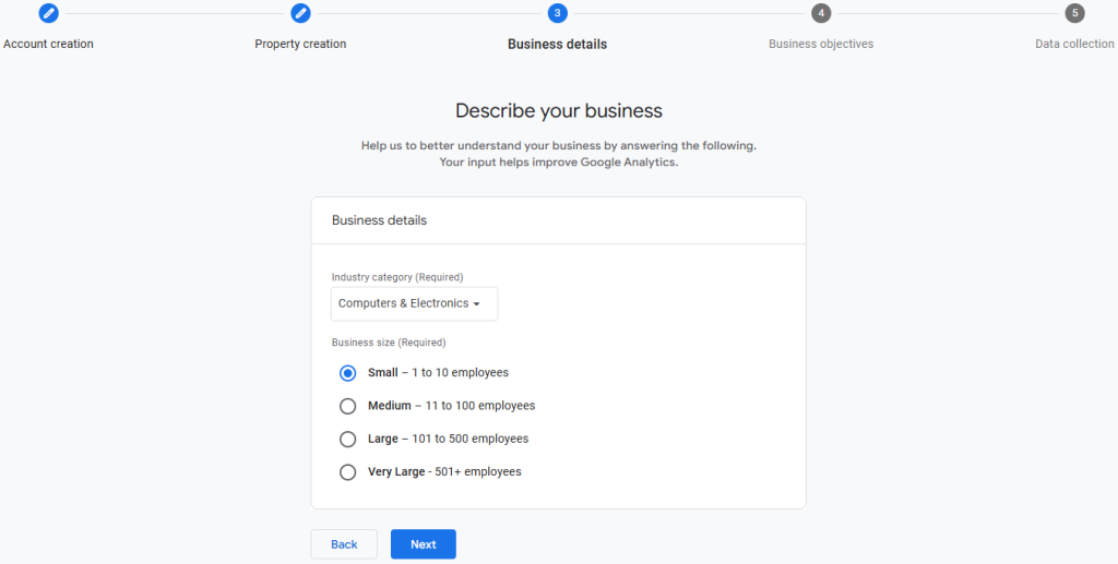 Screenshot of the Google Analytics 4 setup screen showing the ‘Describe your business’ step. The form includes fields for selecting an industry category and choosing a business size, with options ranging from Small (1–10 employees) to Very Large (501+ employees), along with Back and Next buttons.