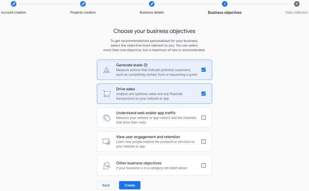 Screenshot of the Google Analytics 4 setup screen showing the ‘Choose your business objectives’ step. Options include Generate leads, Drive sales, Understand website or app traffic, View user engagement and retention, and Other business objectives. The first two objectives are selected, with Back and Create buttons at the bottom.
