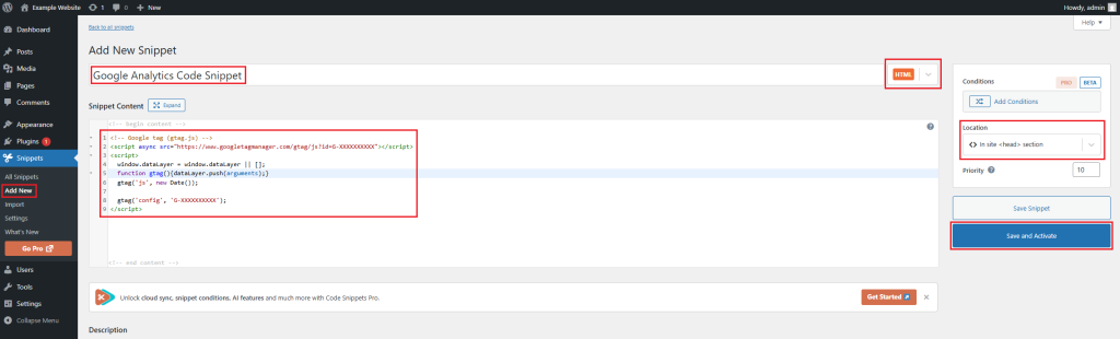 Screenshot of the WordPress Code Snippets plugin showing a new snippet titled ‘Google Analytics Code Snippet’. The GA4 gtag.js code is pasted into the HTML editor, with the location set to ‘In site <head> section’. The ‘Save and Activate’ button is highlighted on the right sidebar.