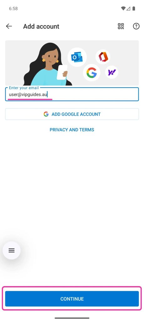 Outlook Android Enter Email address
