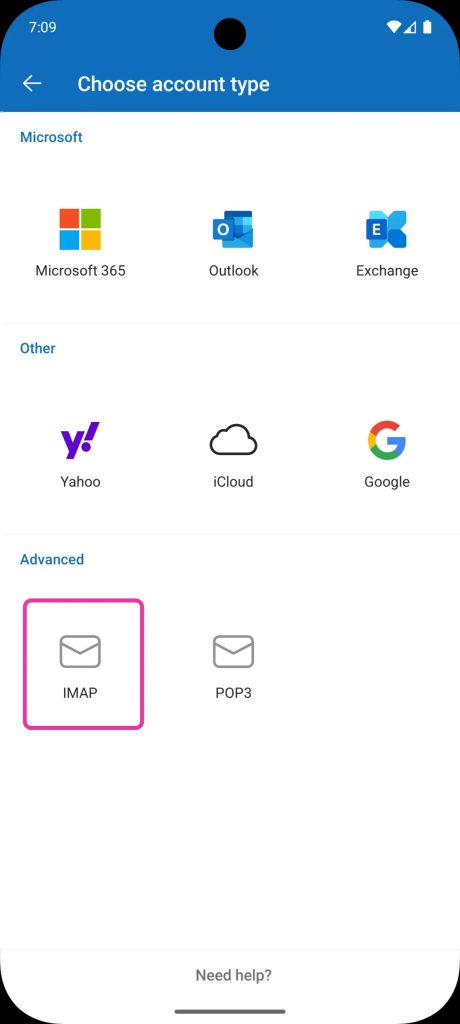 Outlook Android select IMAP