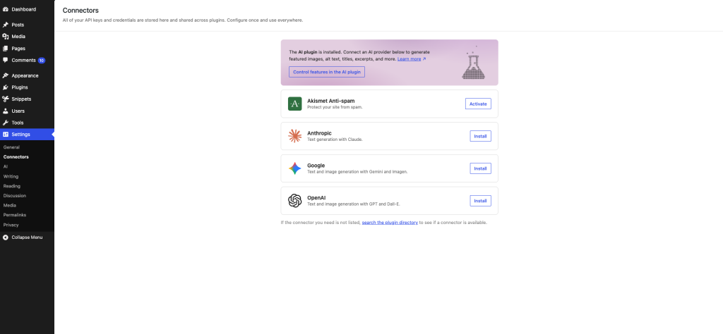 WordPress AI plugin Connectors dashboard showing options to connect AI tools such as Anthropic, Google and OpenAI for generating titles, excerpts, images and alt text.
