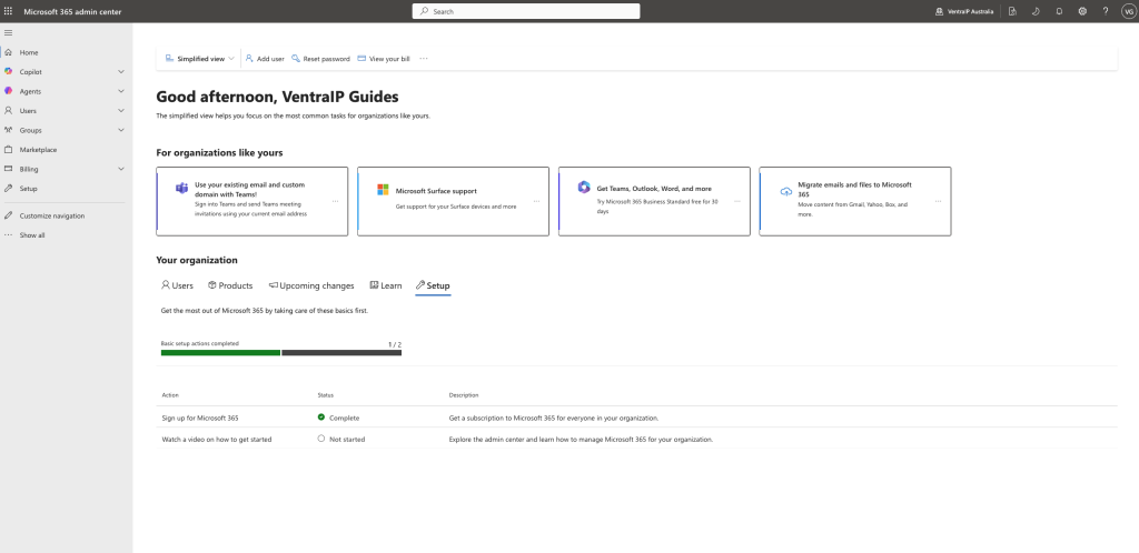 Microsoft admin center dashboard