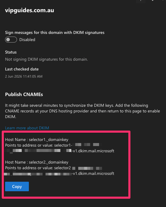 Microsoft DKIM Setup 2
