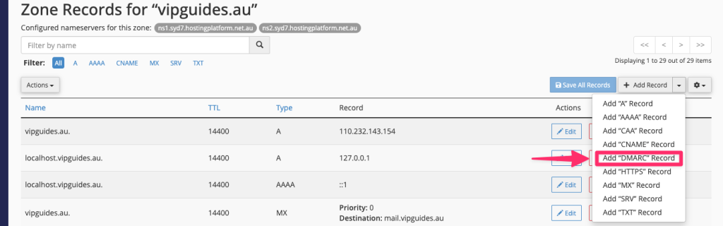 Adding DMARC in Zone Editor