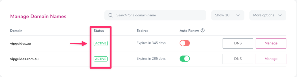 Domain status column